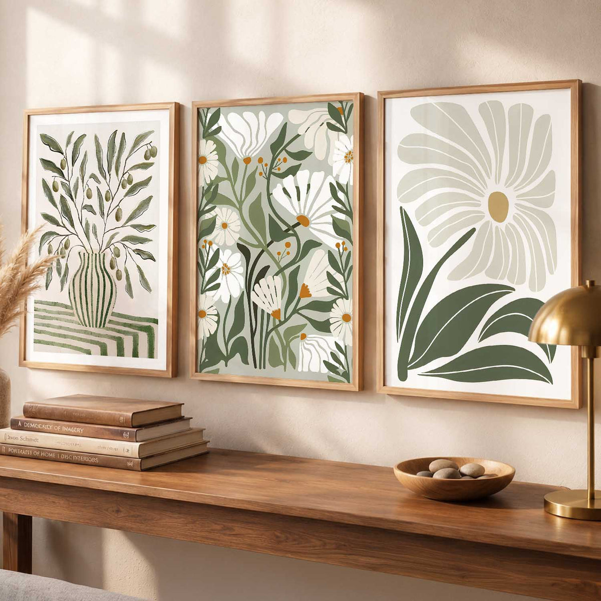 Green Cream Floral Wall Art Set of 3 Framed Prints
