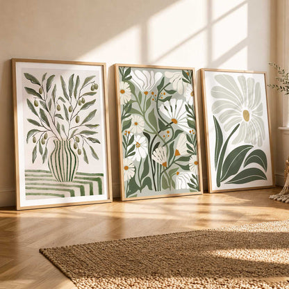 Green Cream Floral Wall Art Set of 3 Framed Prints