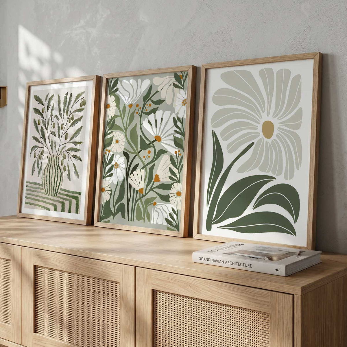 Green Cream Floral Wall Art Set of 3 Framed Prints
