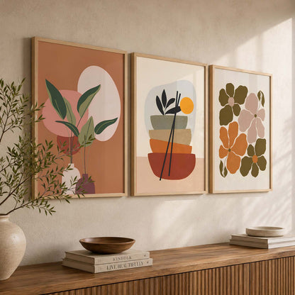 Olive Green Abstract Shape Boho Wall Art Set of 3 Framed Prints