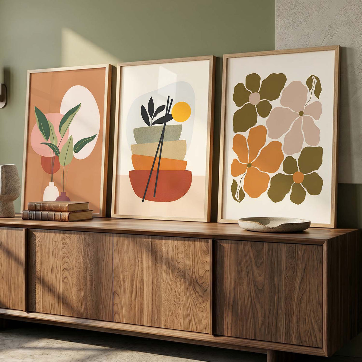 Olive Green Abstract Shape Boho Wall Art Set of 3 Framed Prints