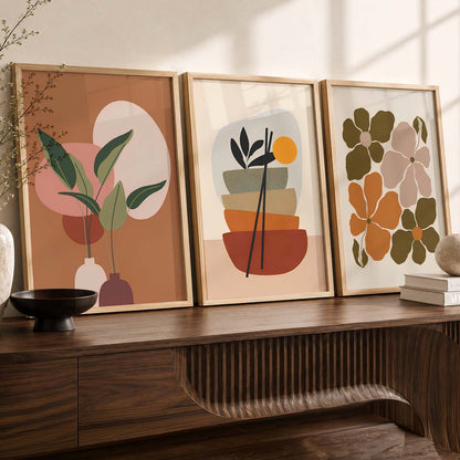 Olive Green Abstract Shape Boho Wall Art Set of 3 Framed Prints