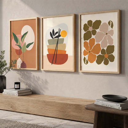 Olive Green Abstract Shape Boho Wall Art Set of 3 Framed Prints