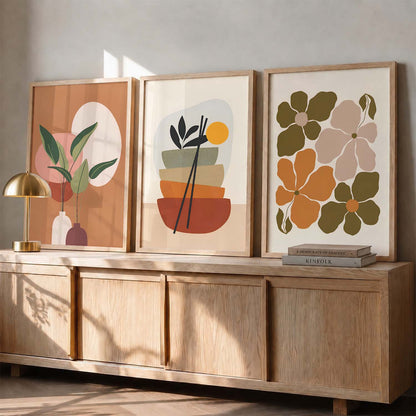 Olive Green Abstract Shape Boho Wall Art Set of 3 Framed Prints