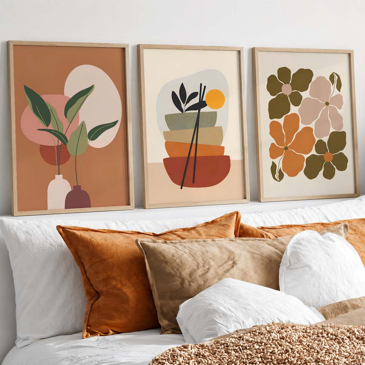 Olive Green Abstract Shape Boho Wall Art Set of 3 Framed Prints