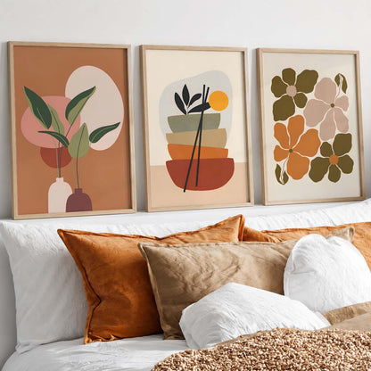 Olive Green Abstract Shape Boho Wall Art Set of 3 Framed Prints