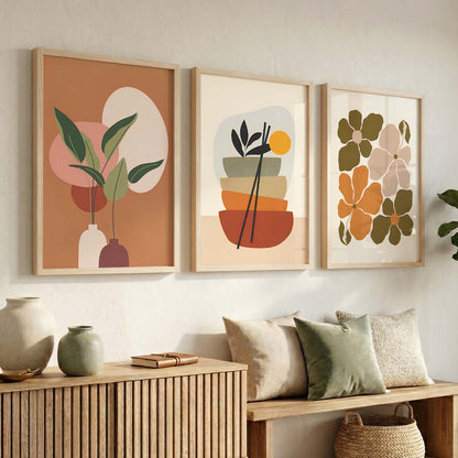 Olive Green Abstract Shape Boho Wall Art Set of 3 Framed Prints