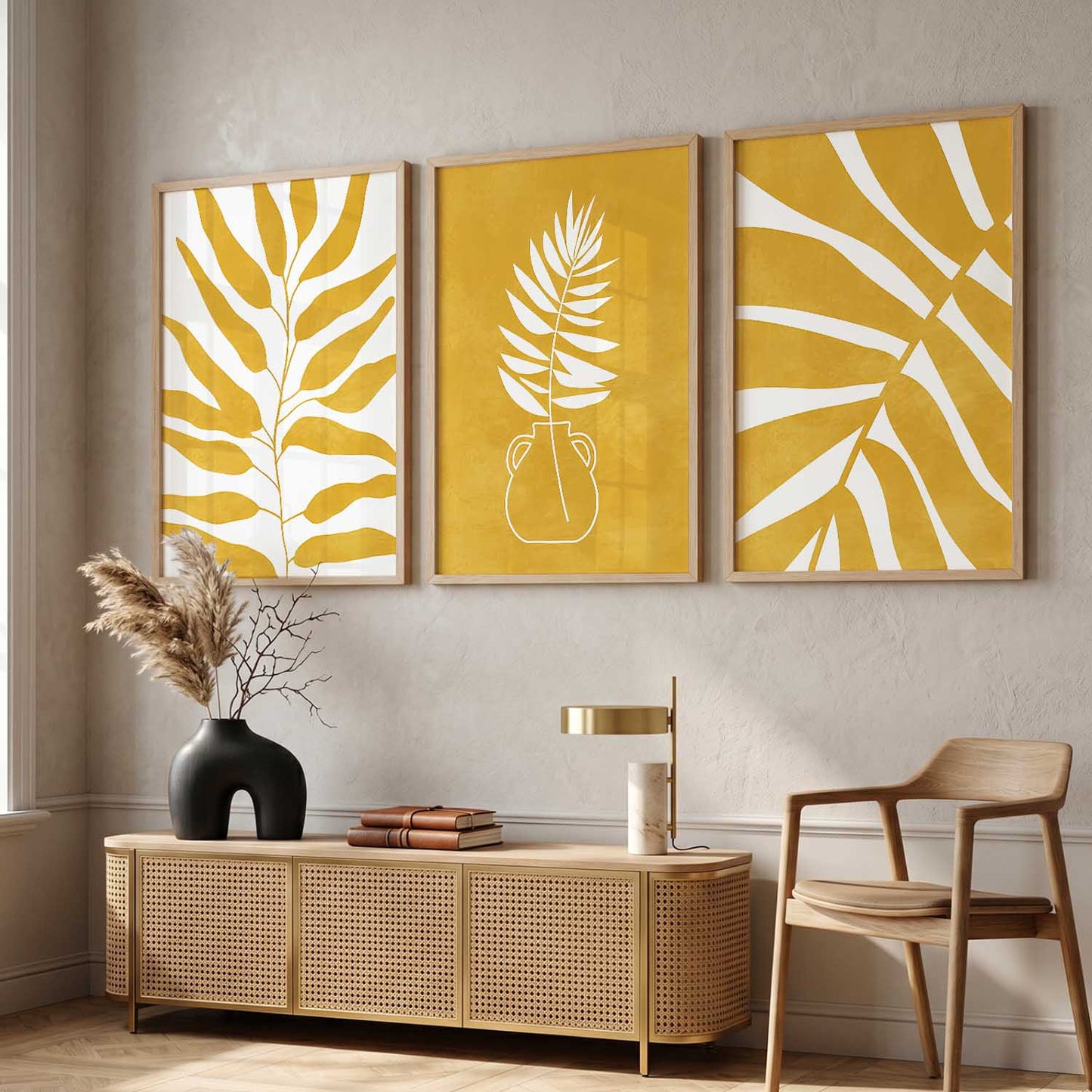 Yellow White Floral Wall Art Set of 3 Framed Prints