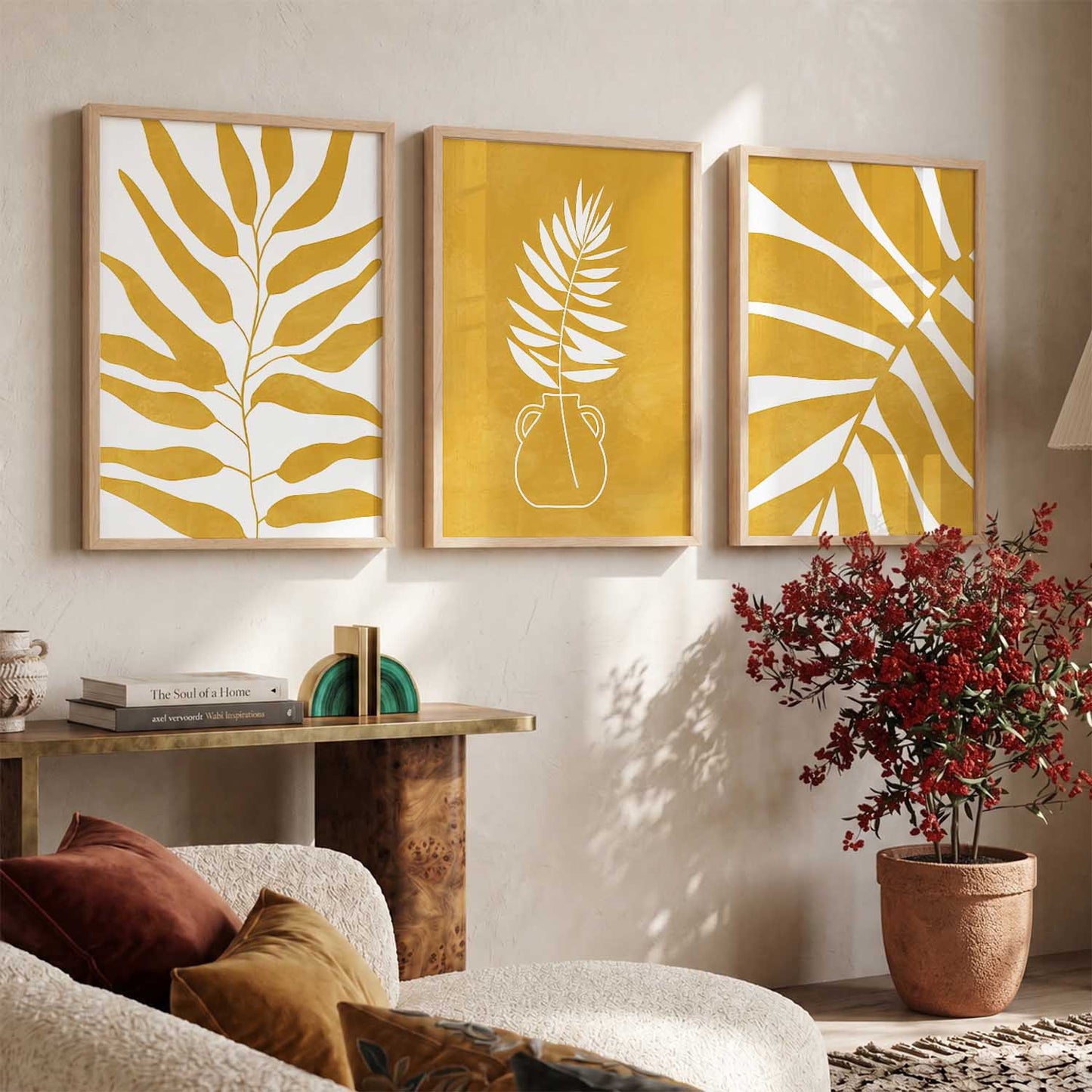 Yellow White Floral Wall Art Set of 3 Framed Prints