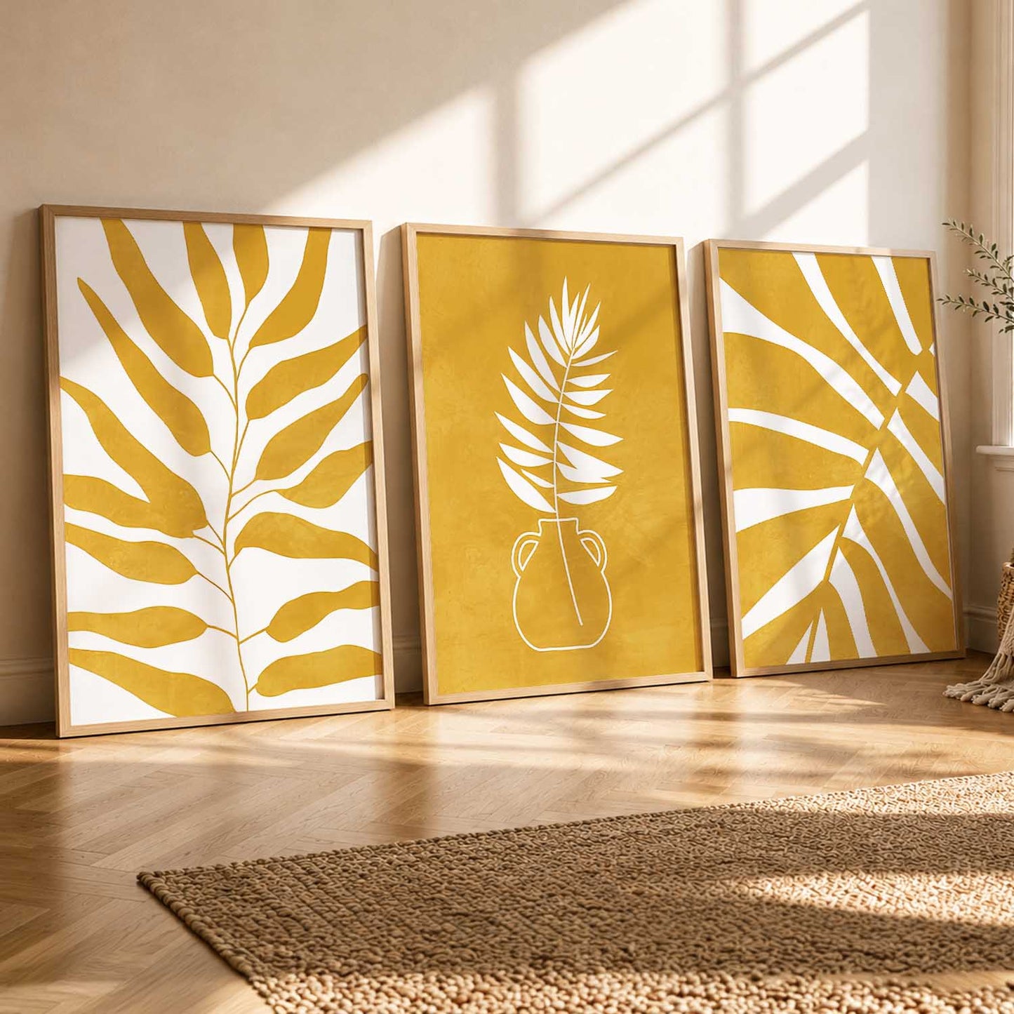 Yellow White Floral Wall Art Set of 3 Framed Prints