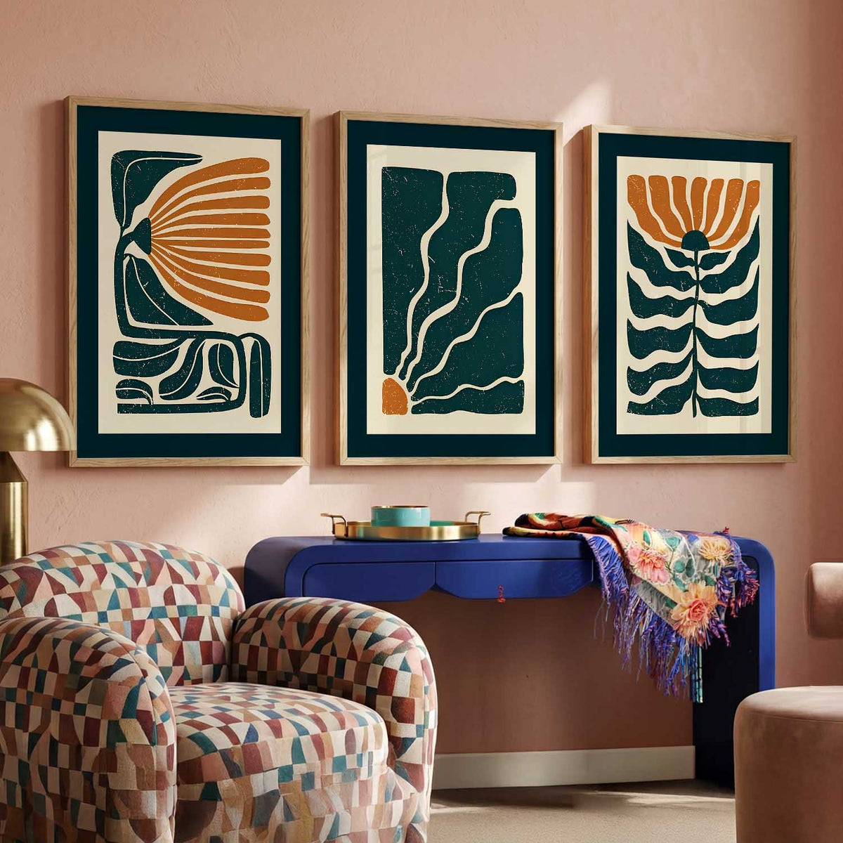 Teal Orange Abstract Floral Wall Art Set of 3 Framed Prints