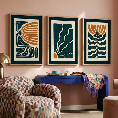 Teal Orange Abstract Floral Wall Art Set of 3 Framed Prints