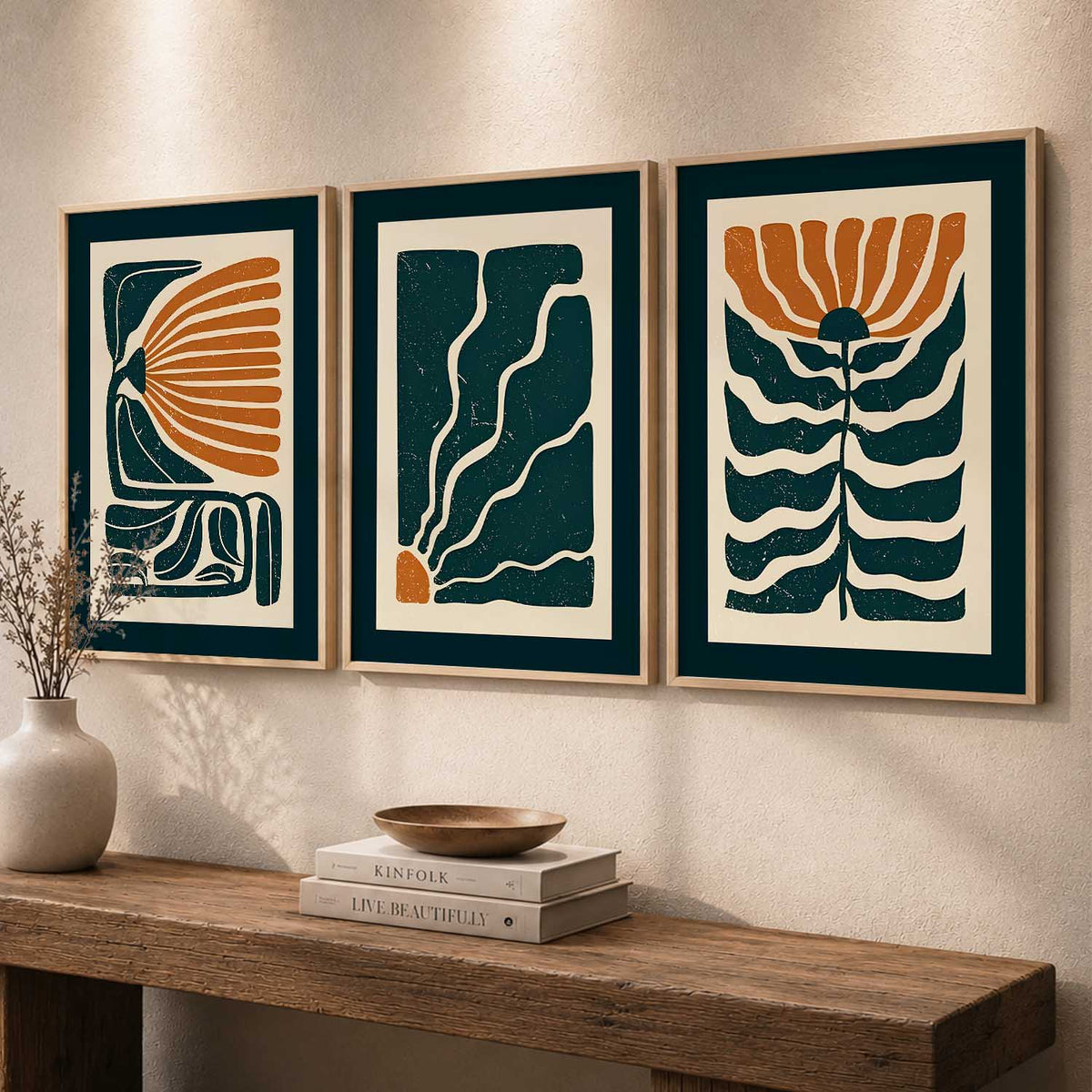 Teal Orange Abstract Floral Wall Art Set of 3 Framed Prints
