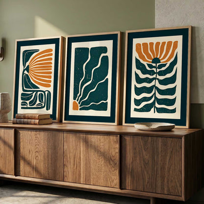 Teal Orange Abstract Floral Wall Art Set of 3 Framed Prints