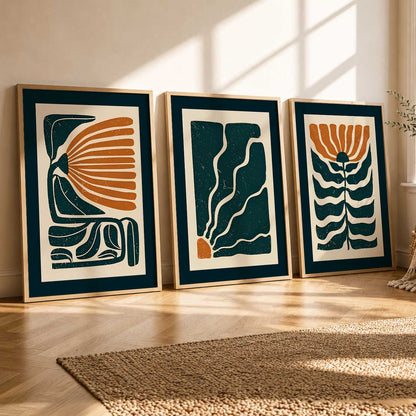 Teal Orange Abstract Floral Wall Art Set of 3 Framed Prints