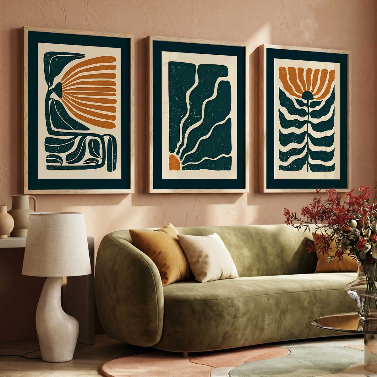 Teal Orange Abstract Floral Wall Art Set of 3 Framed Prints
