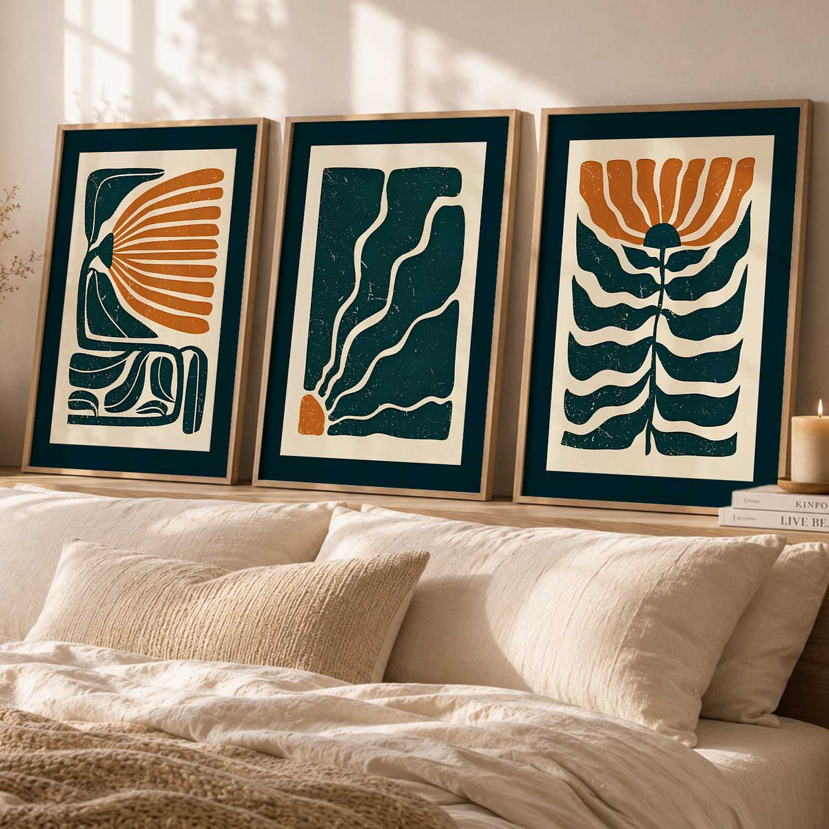 Teal Orange Abstract Floral Wall Art Set of 3 Framed Prints