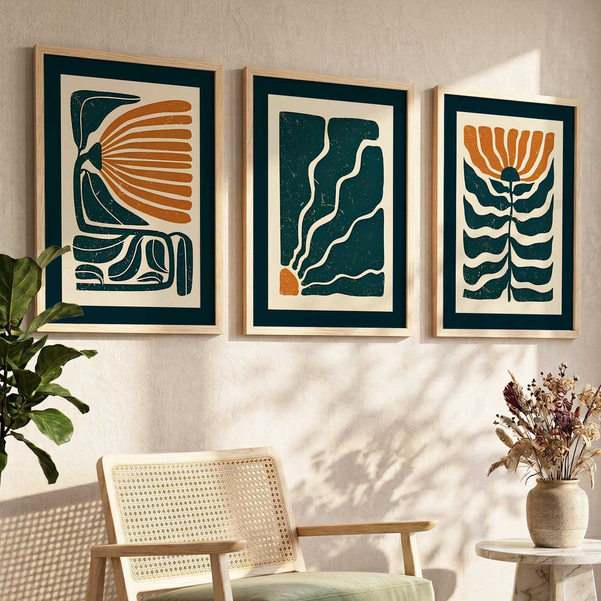 Teal Orange Abstract Floral Wall Art Set of 3 Framed Prints