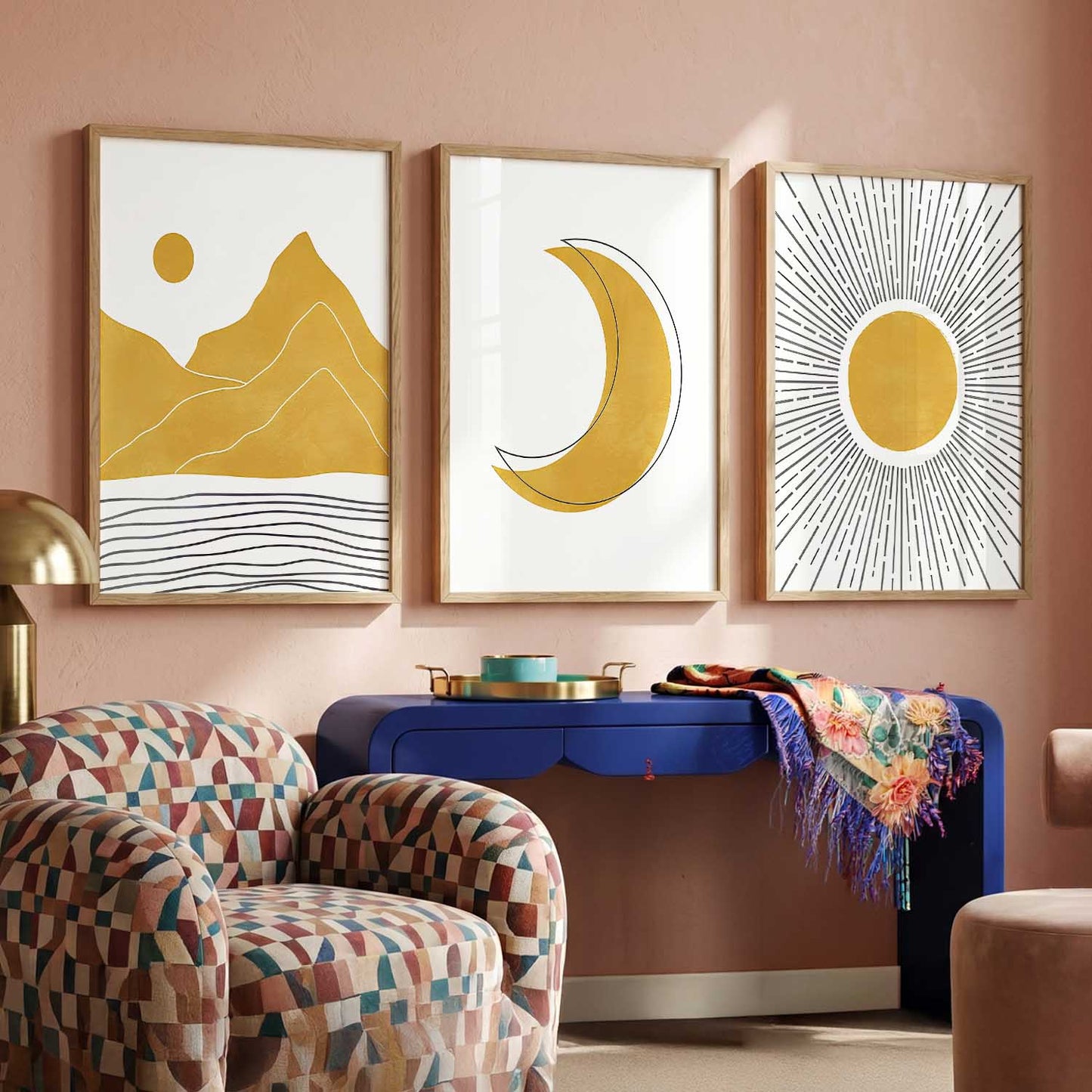 Gold White Moon Mountain Sun Boho Wall Art Set of 3 Framed Prints