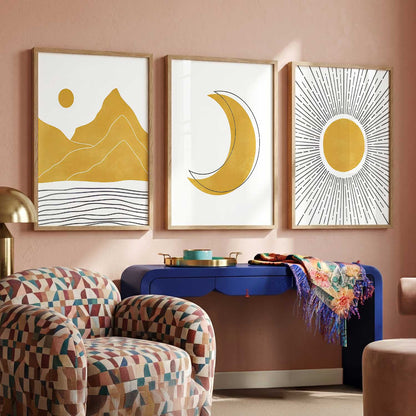 Gold White Moon Mountain Sun Boho Wall Art Set of 3 Framed Prints