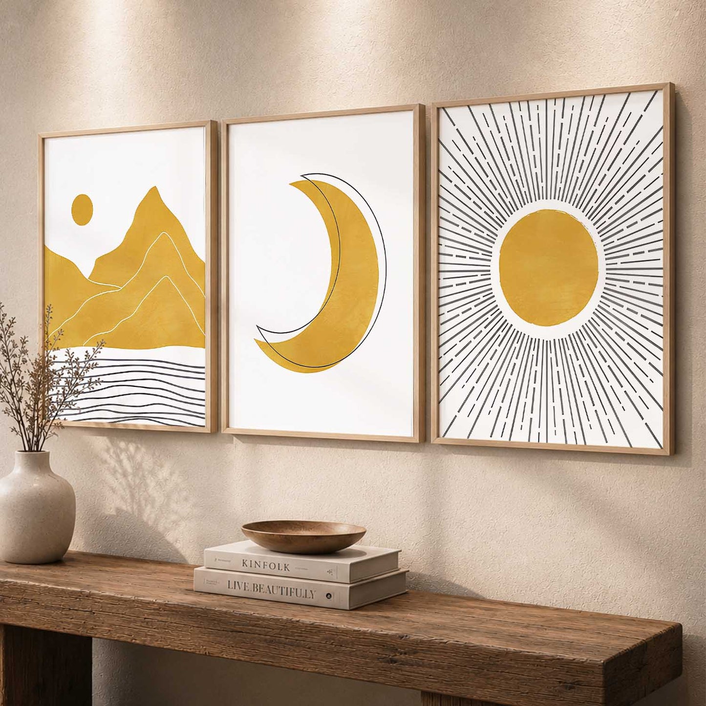 Gold White Moon Mountain Sun Boho Wall Art Set of 3 Framed Prints