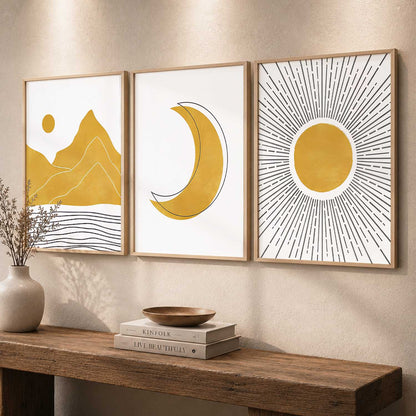 Gold White Moon Mountain Sun Boho Wall Art Set of 3 Framed Prints
