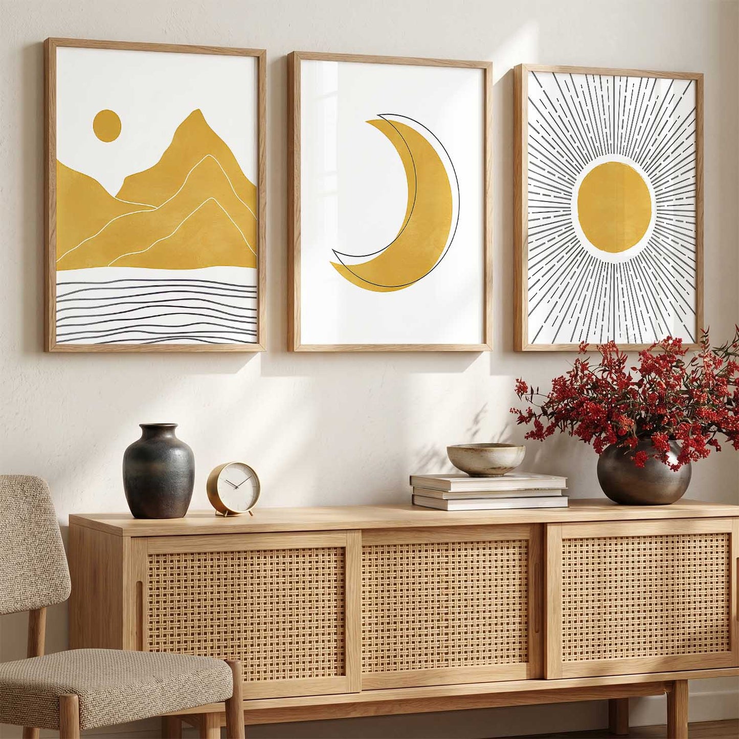 Gold White Moon Mountain Sun Boho Wall Art Set of 3 Framed Prints