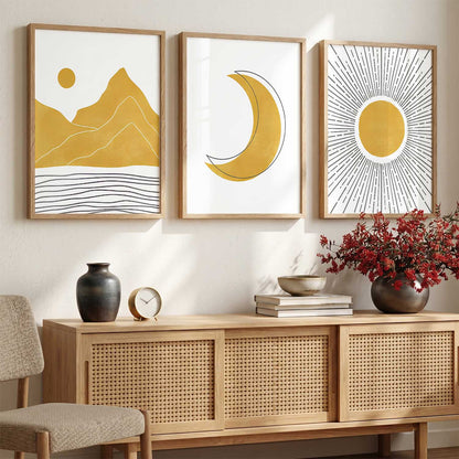 Gold White Moon Mountain Sun Boho Wall Art Set of 3 Framed Prints