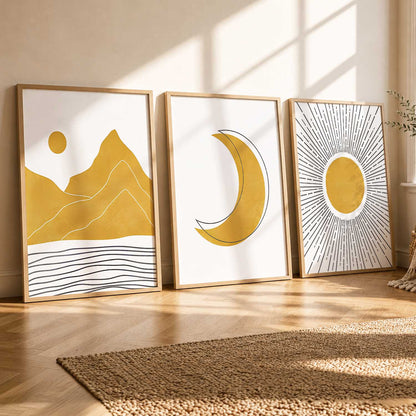 Gold White Moon Mountain Sun Boho Wall Art Set of 3 Framed Prints
