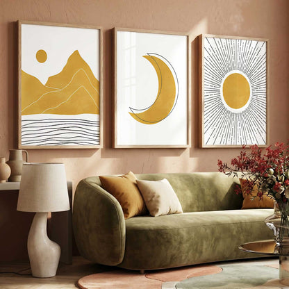 Gold White Moon Mountain Sun Boho Wall Art Set of 3 Framed Prints