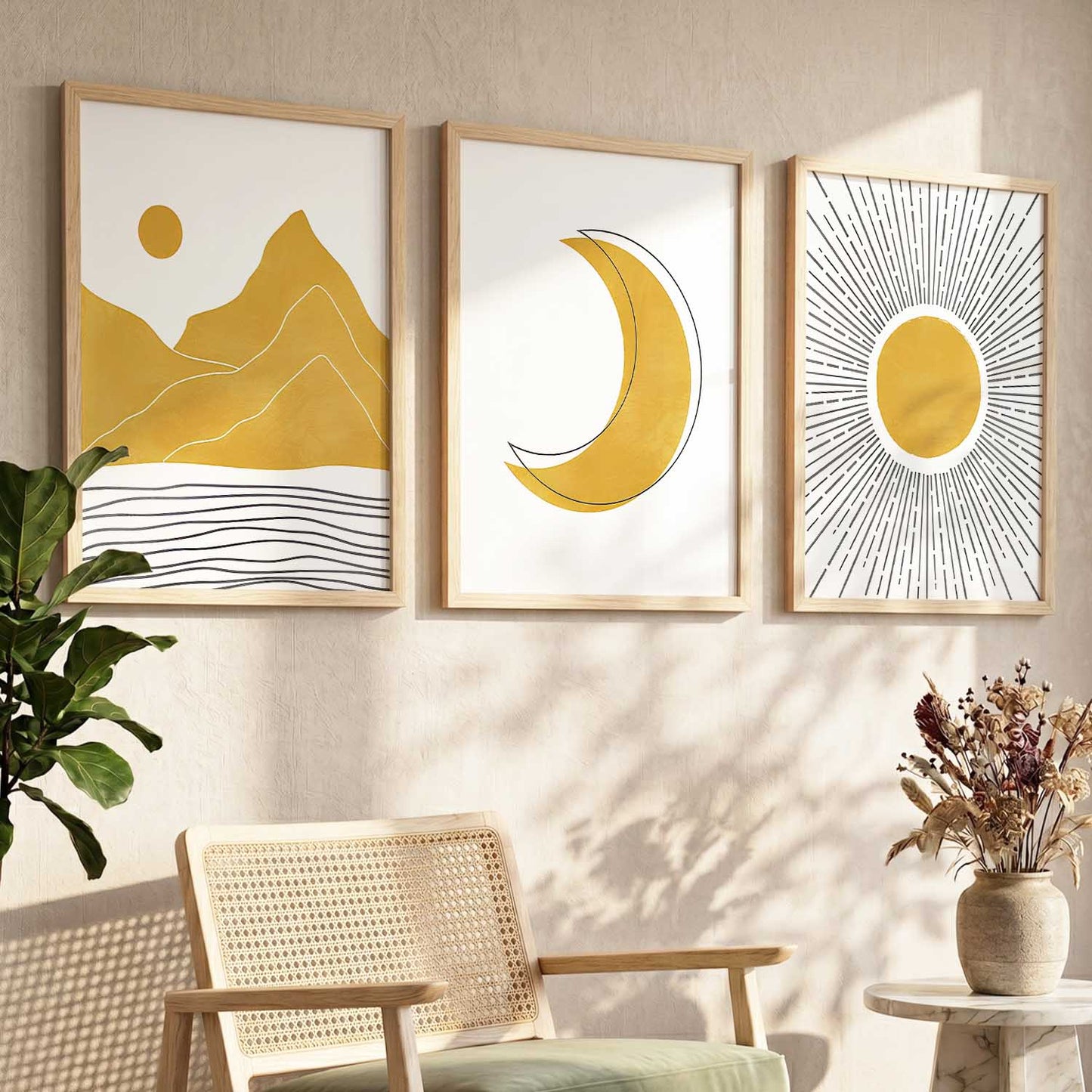 Gold White Moon Mountain Sun Boho Wall Art Set of 3 Framed Prints