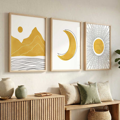 Gold White Moon Mountain Sun Boho Wall Art Set of 3 Framed Prints