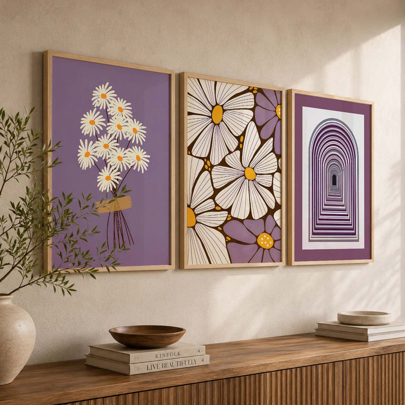 Lavender Daisy Floral Wall Art Set of 3 Framed Prints