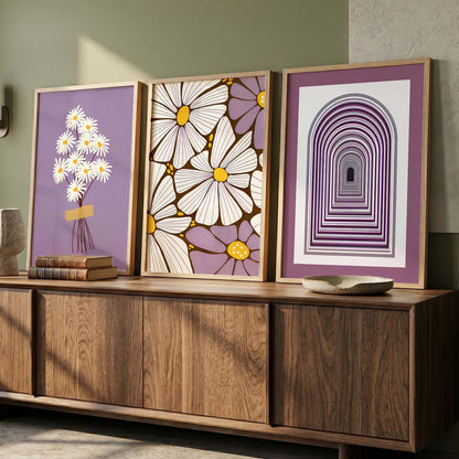 Lavender Daisy Floral Wall Art Set of 3 Framed Prints