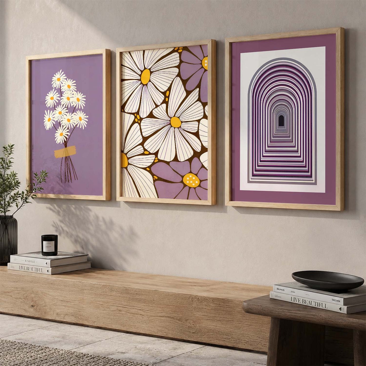 Lavender Daisy Floral Wall Art Set of 3 Framed Prints