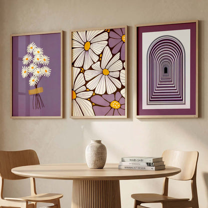 Lavender Daisy Floral Wall Art Set of 3 Framed Prints