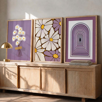 Lavender Daisy Floral Wall Art Set of 3 Framed Prints