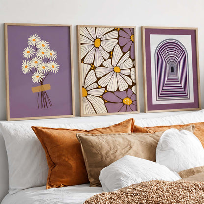 Lavender Daisy Floral Wall Art Set of 3 Framed Prints