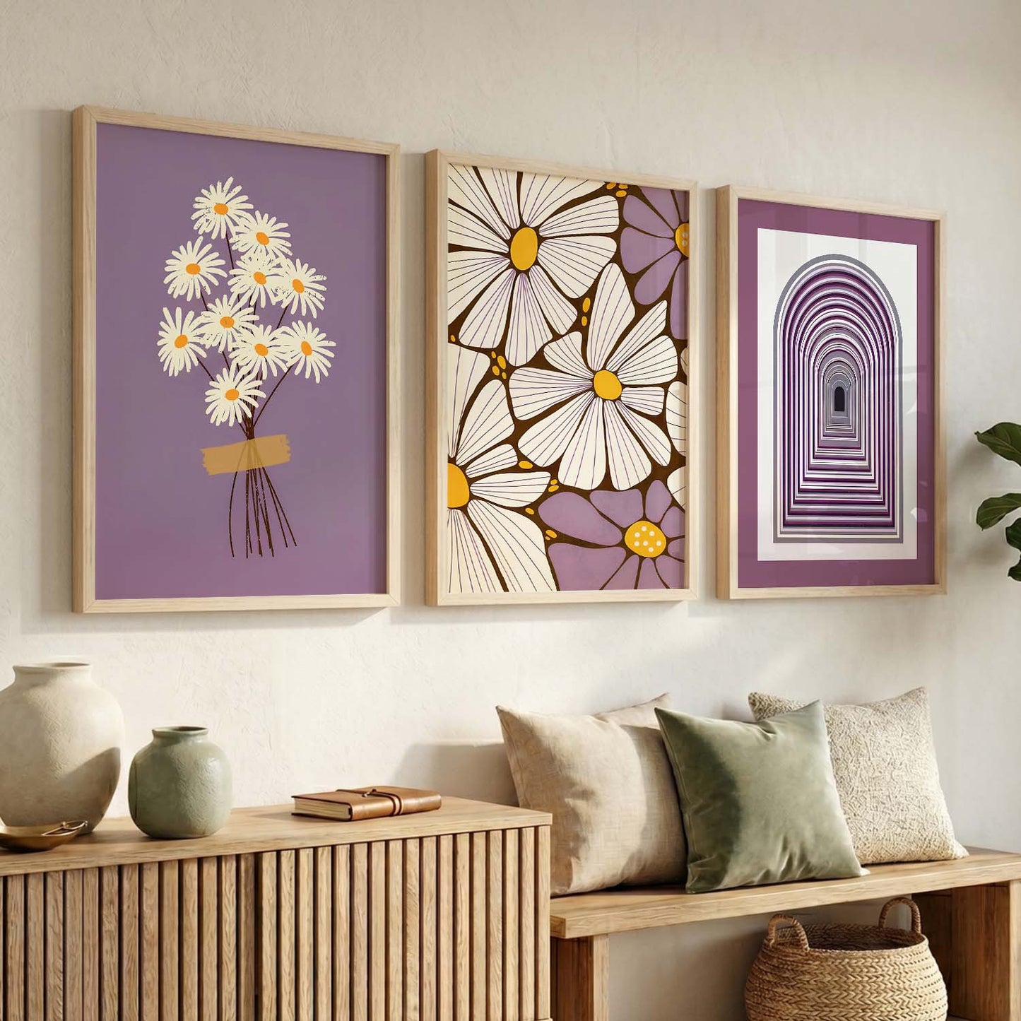 Lavender Daisy Floral Wall Art Set of 3 Framed Prints