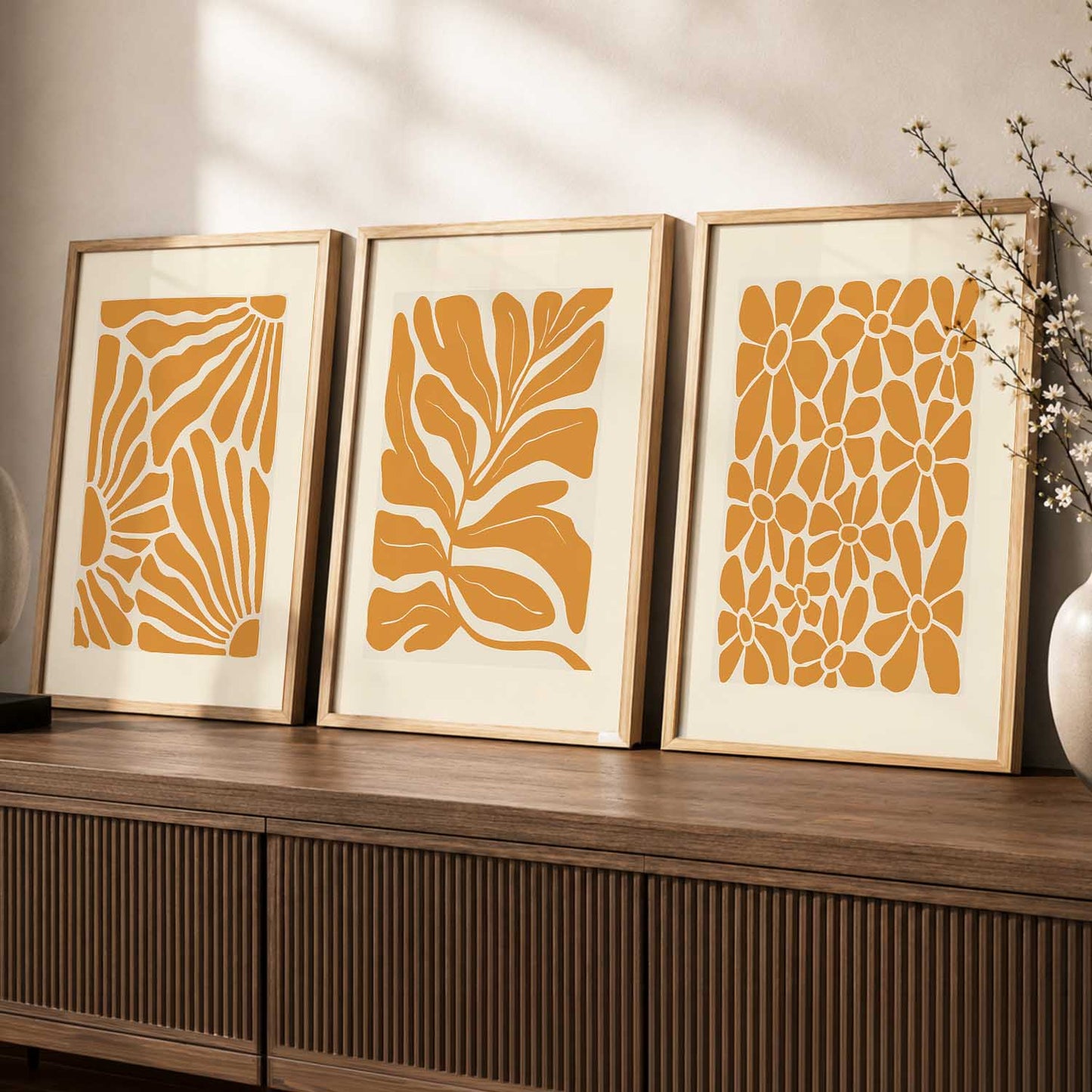 Orange Floral Wall Art Set of 3 Framed Prints