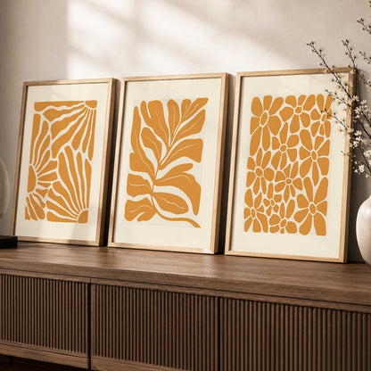Orange Floral Wall Art Set of 3 Framed Prints