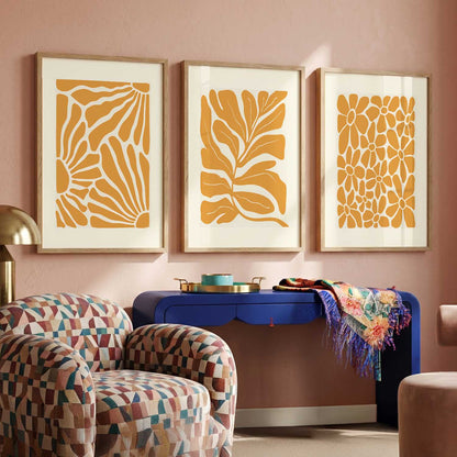 Orange Floral Wall Art Set of 3 Framed Prints
