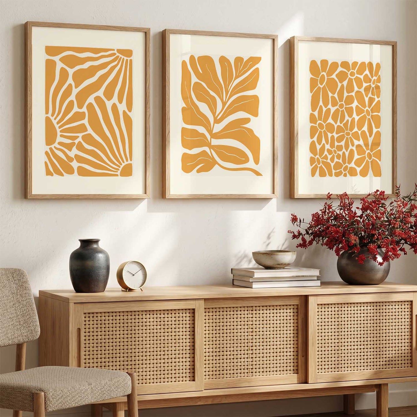 Orange Floral Wall Art Set of 3 Framed Prints