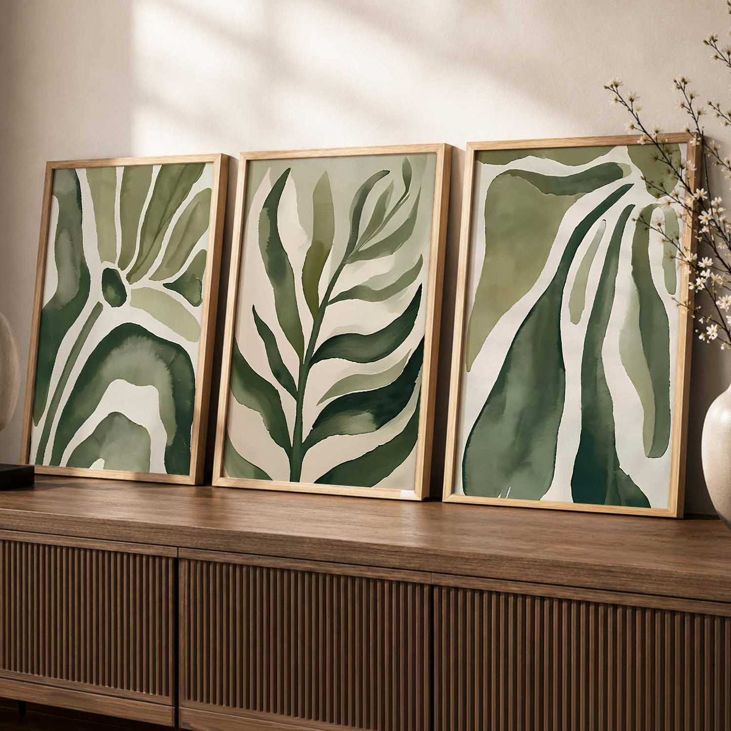 Green White Floral Wall Art Set of 3 Framed Prints