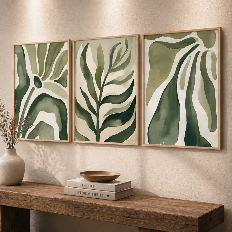 Green White Floral Wall Art Set of 3 Framed Prints