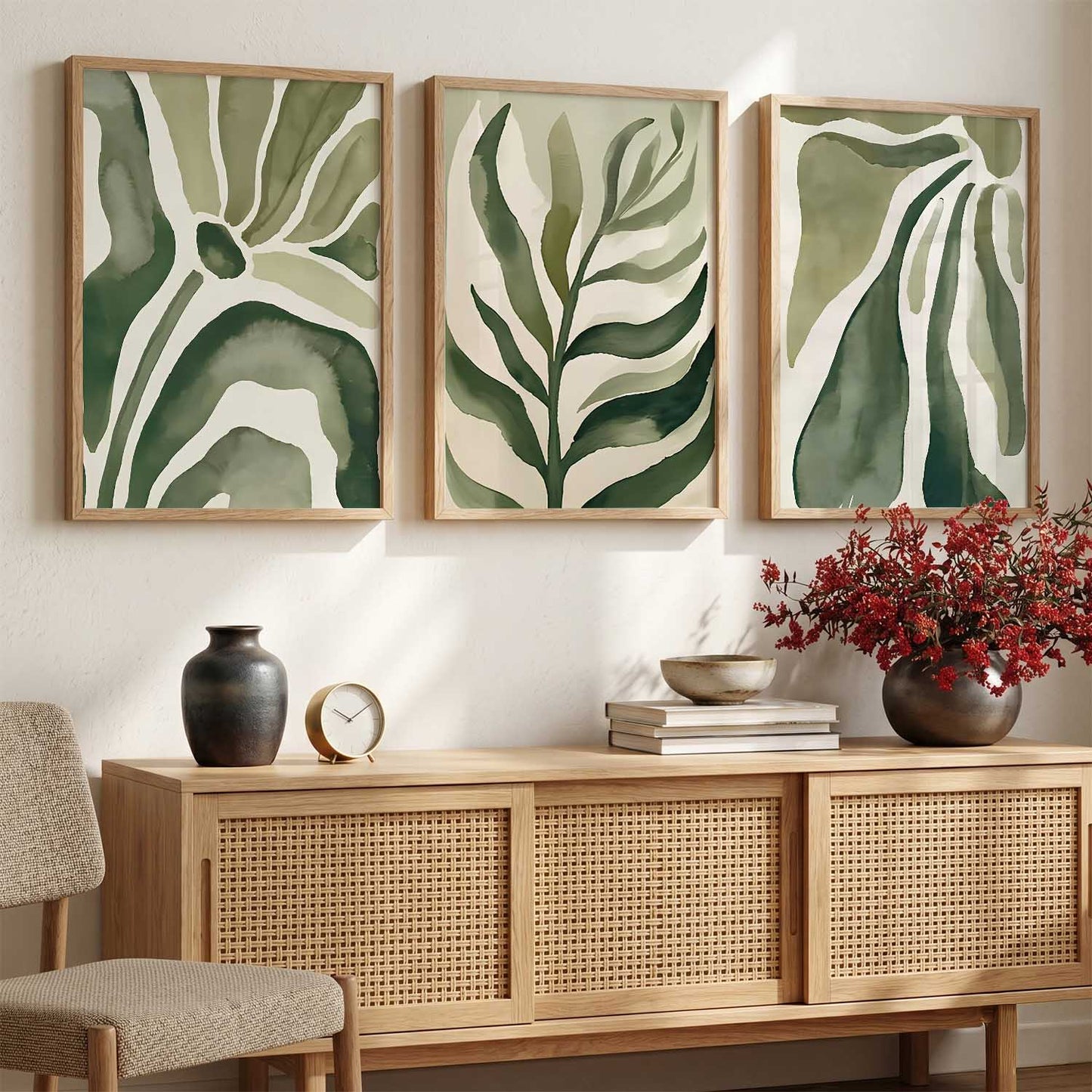 Green White Floral Wall Art Set of 3 Framed Prints