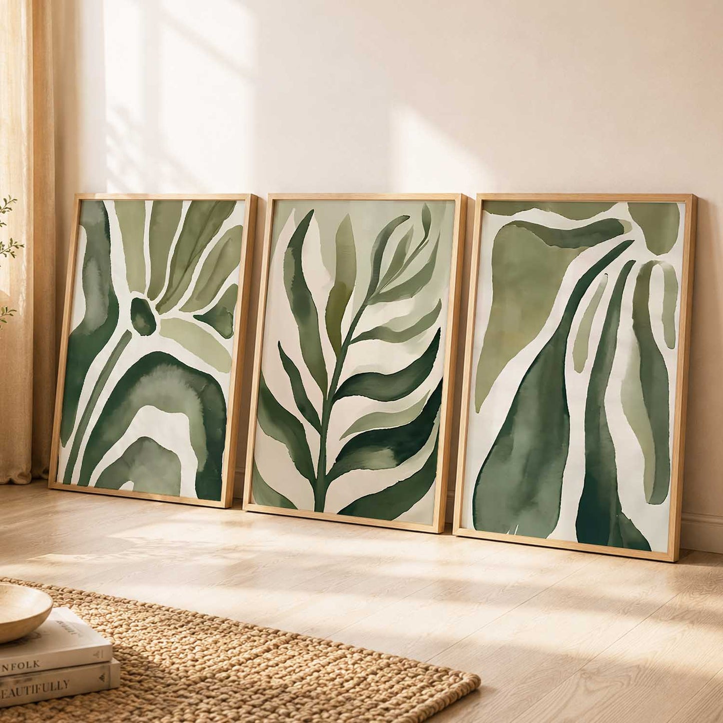 Green White Floral Wall Art Set of 3 Framed Prints