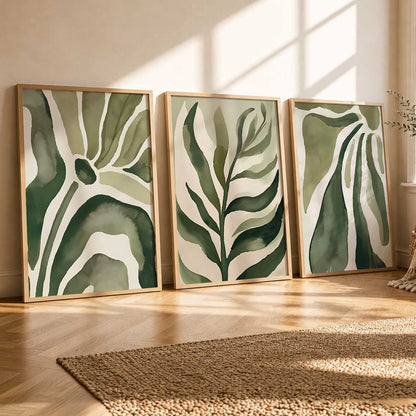 Green White Floral Wall Art Set of 3 Framed Prints