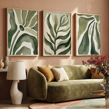 Green White Floral Wall Art Set of 3 Framed Prints