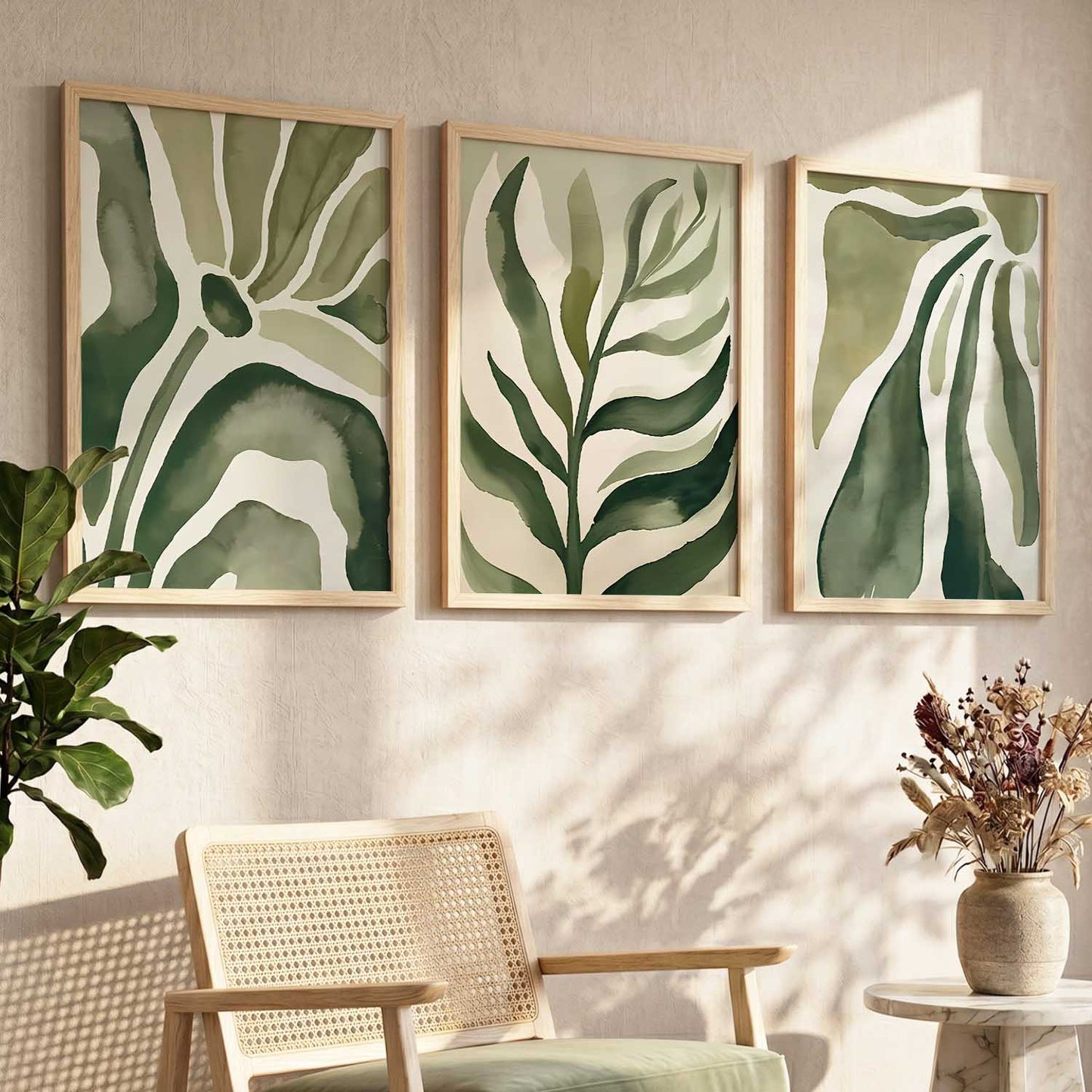 Green White Floral Wall Art Set of 3 Framed Prints